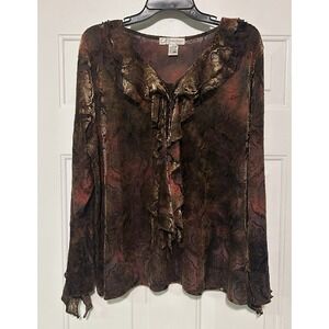 Y2K Top Dressbarn Women 2X Brown Long Sleeve Burnout Velvet Floral Ruffle V Neck